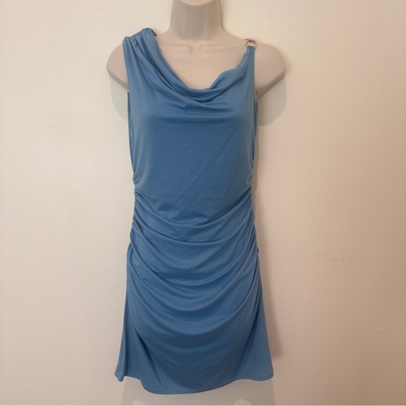 Reformation Women’s Sky Blue Off-Shoulder Dress Gold Ring Accents Size Small - Picture 2 of 9